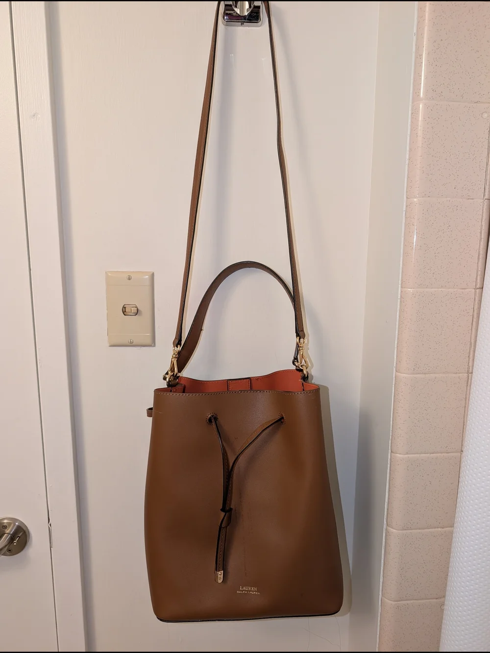 Lauren Ralph Lauren Brown Leather Bucket Bag with Orange Lining